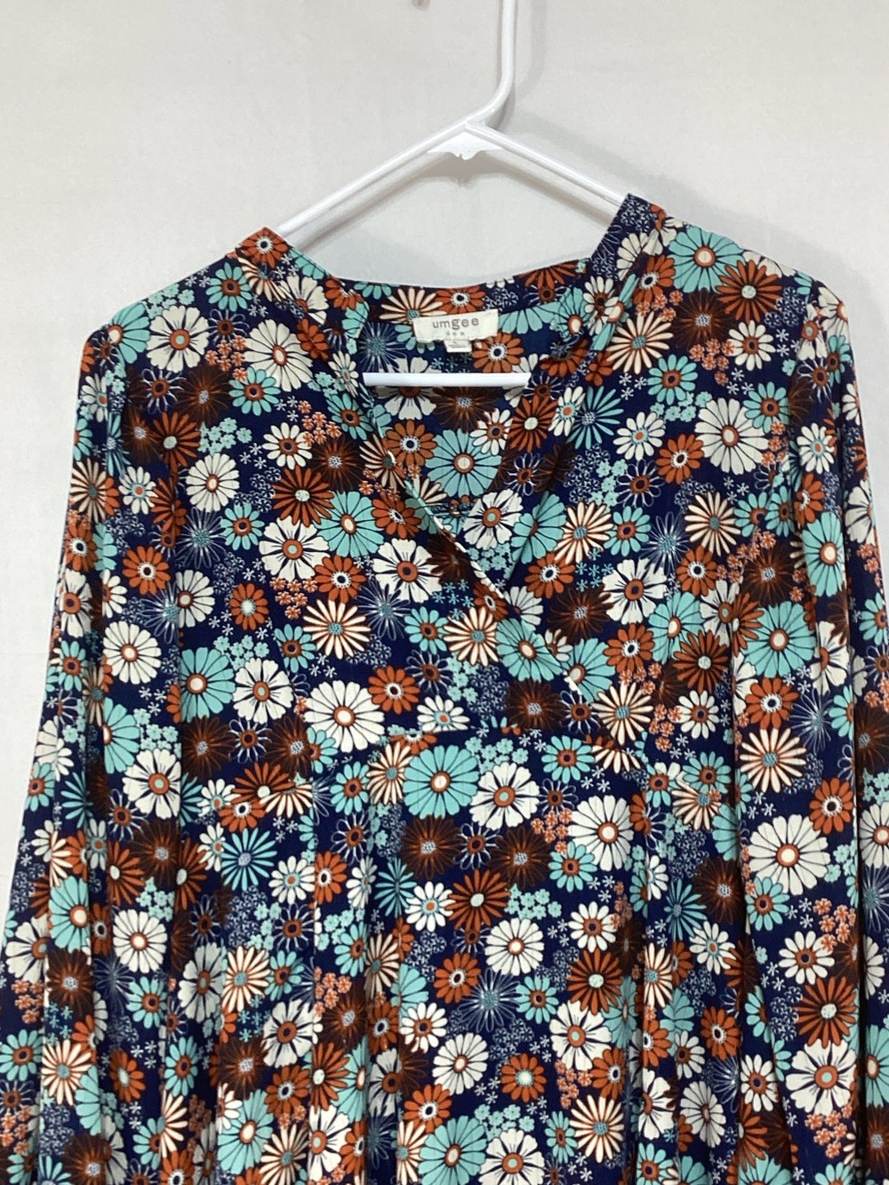 Umgee Large Floral Tiered Long-Sleeve Dress in Teal, Brown & White - Picture 2 of 11